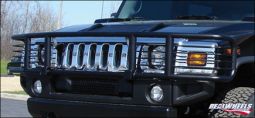 Real Wheels Hummer H2 & SUT Black Powder Coated, Single Tier, Wrap Around Brush Guard With Inserts